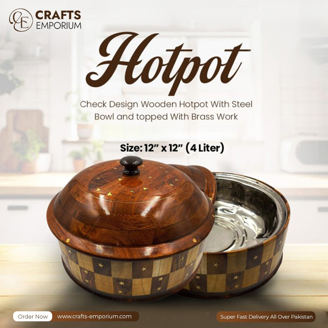 Wooden Hotpot – Check Design – Steel Bowl